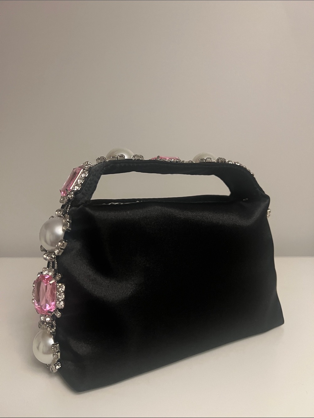 Black Satin Evening Top-Handle Bag with Pink Crystal & Pearl Trim